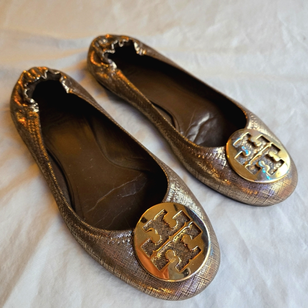 Tory Burtch Reva Ballet Flats Brown & Gold Metallic 8.5 Gold Medallion